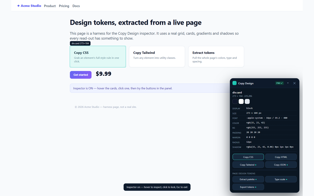 Copy Design inspecting a web page element